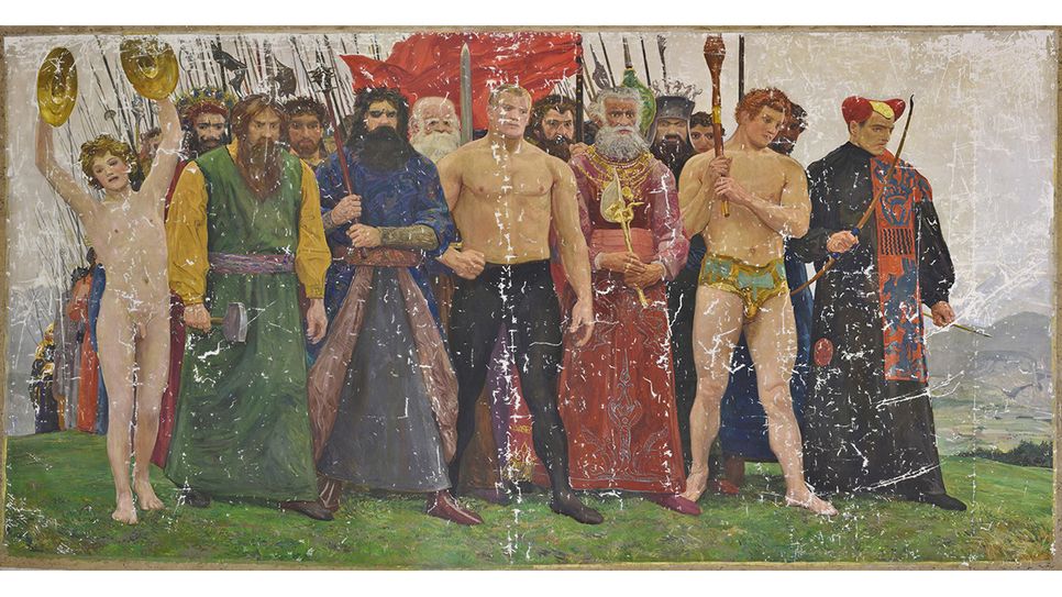 Sascha Schneider: "Auf zum Kampf" oder auch "Phalanx der Starken", Ölgemälde, 247x452 cm, um 1902. Aufnahme des Bildes während der Restaurierungsarbeiten zeigt den gekitteten Zustand. 2023.