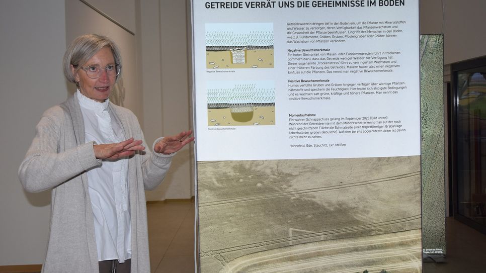 Dr. Cornelia Rupp führt durch die Wanderausstellung zum Thema Luftbildarchäologie.