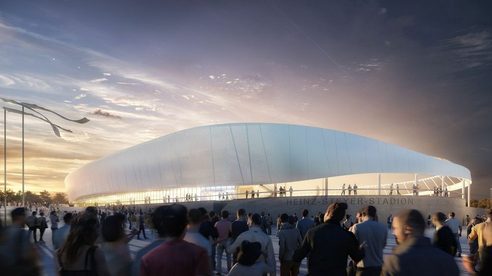 Schickes neues Stadion für 15.000 Zuschauer und 5.000 überdachten Plätzen - so könnte die Arena 2023 aussehen. Visualisierungen: ARGE BAM Sports GmbH/BAM Deutschland AG, O+M ARCHITEKTEN, phase 10.