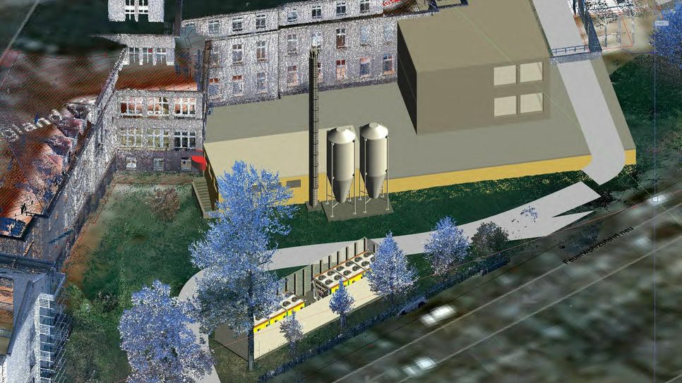 Visualisierung der Energieversorgungsanlage mit integrierter Kraft-Wärme-Kopplung und Kältering sowie klimaneutraler Pellet-Verbrennung am Klinikum Oberlausitzer Bergland in Zittau. Visualisierung:  Klinikum Oberlausitzer Bergland