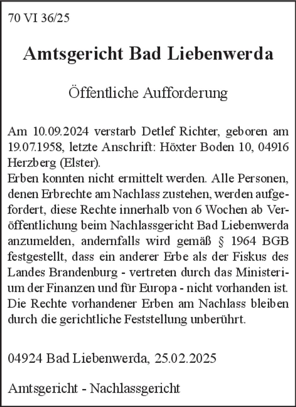 Öffentliche Aufforderung 70 VI 36/25