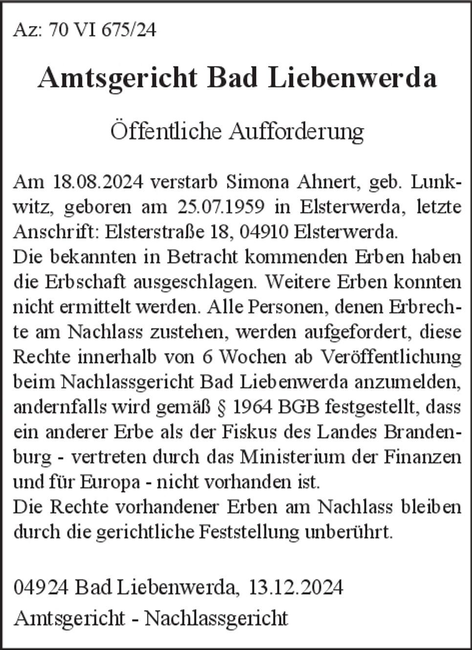 Öffentliche Aufforderung 70 VI 675/ 24