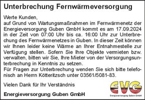 Unterbrechung Fernwärme 17.09.2024