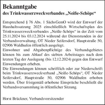 Bekanntg.Trinkwasserzweckv. Neiße-Schöps