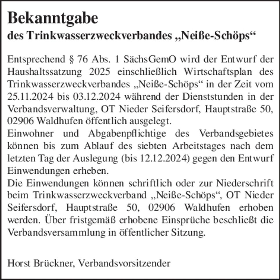 Bekanntg.Trinkwasserzweckv. Neiße-Schöps