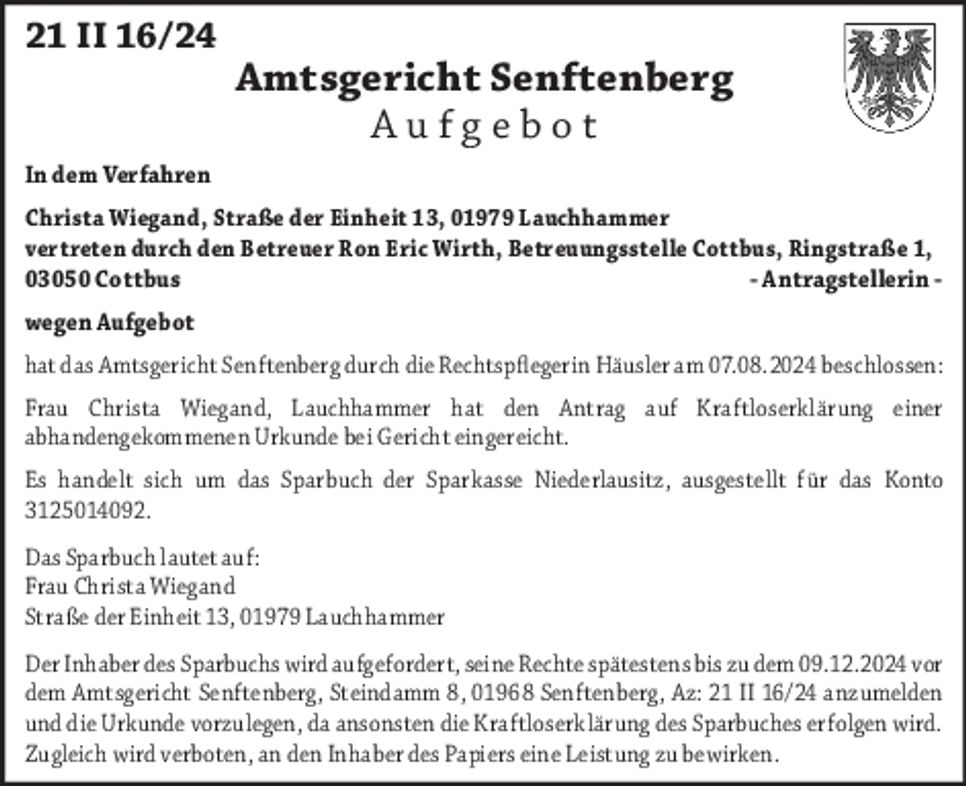 Aufgebot 21 II 16/24