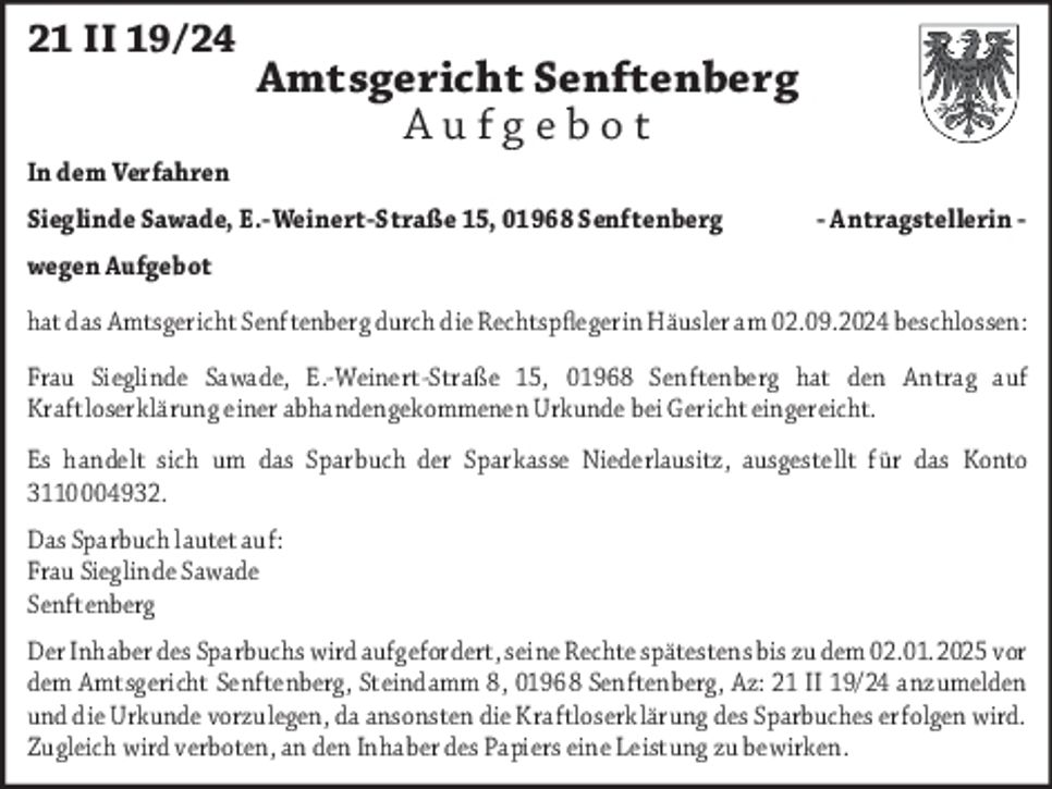 Aufgebot 21 II 19/24