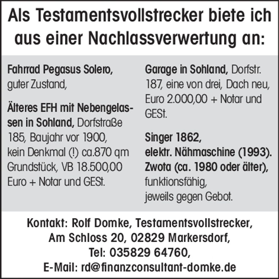 Als Testamentsvollstrecker biete 