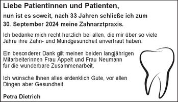 Schließung Praxis ZA Dietrich