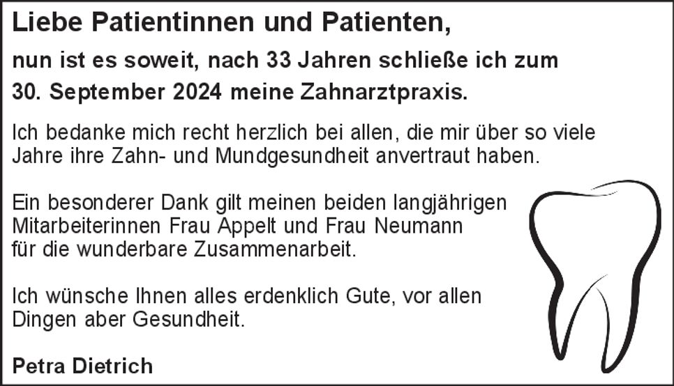 Schließung Praxis ZA Dietrich