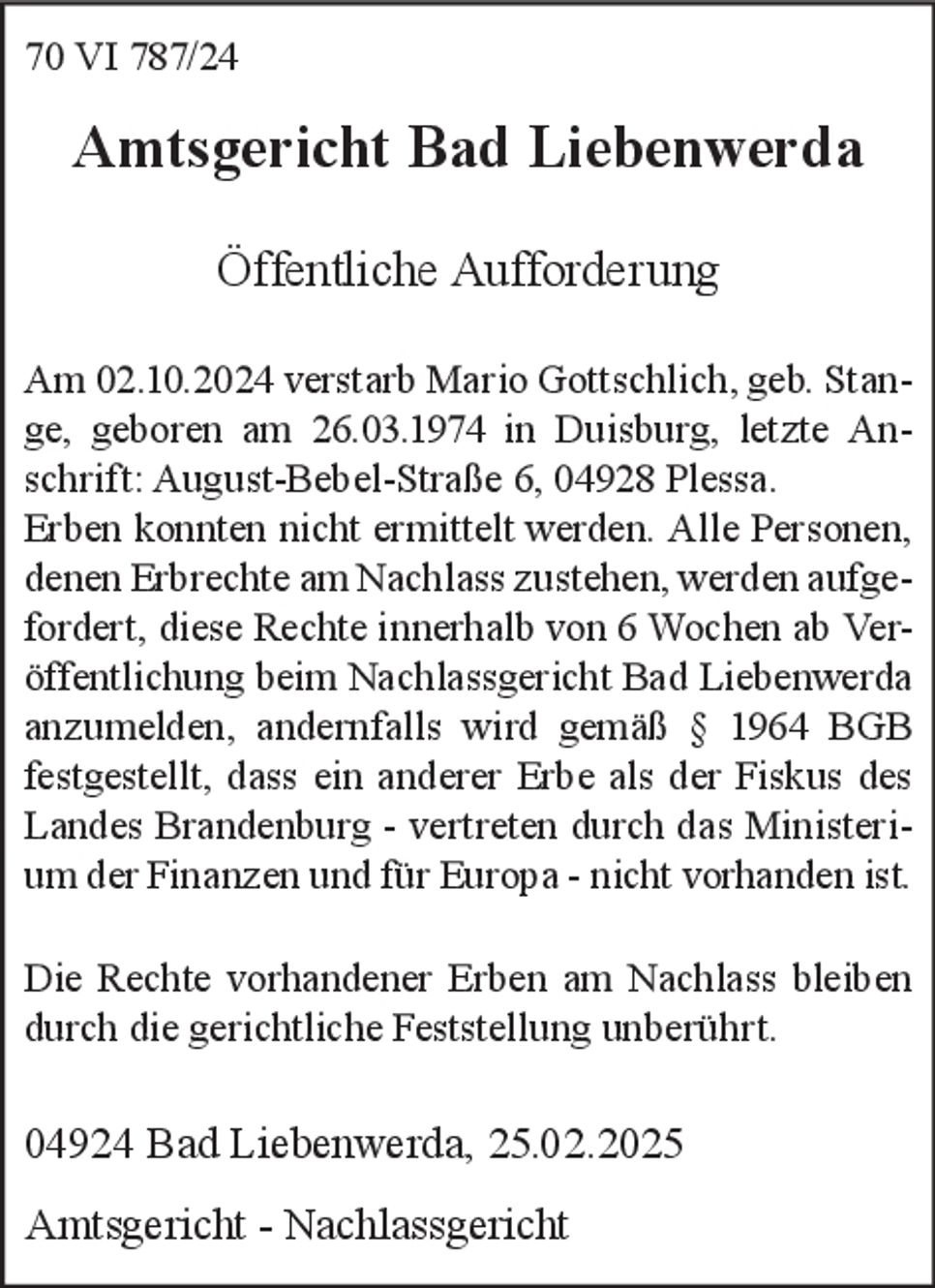 Öffentliche Aufforderung 70 VI 787/24