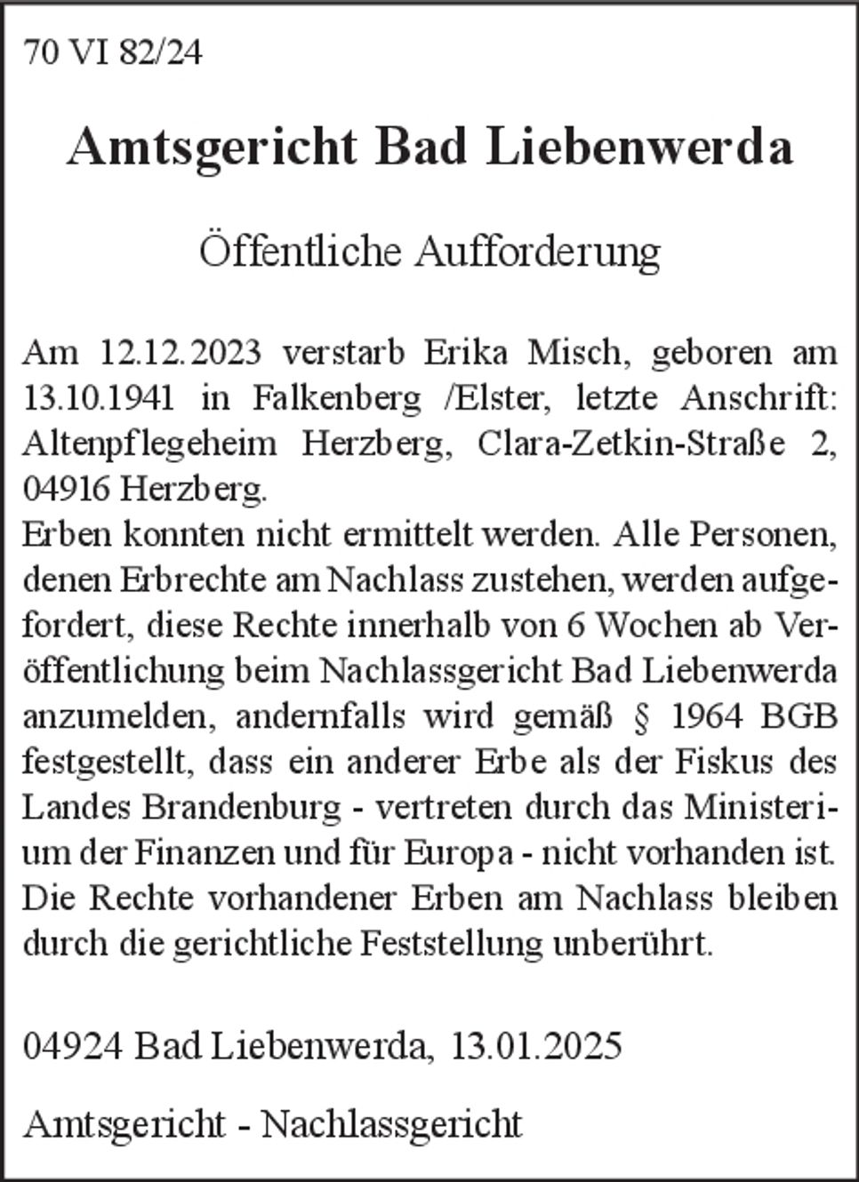 Öffentliche Aufforderung 70 VI 82/24