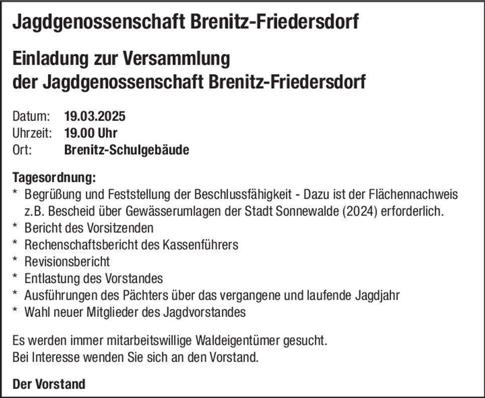 Jagdgenossenschaft Brenitz Versammlung