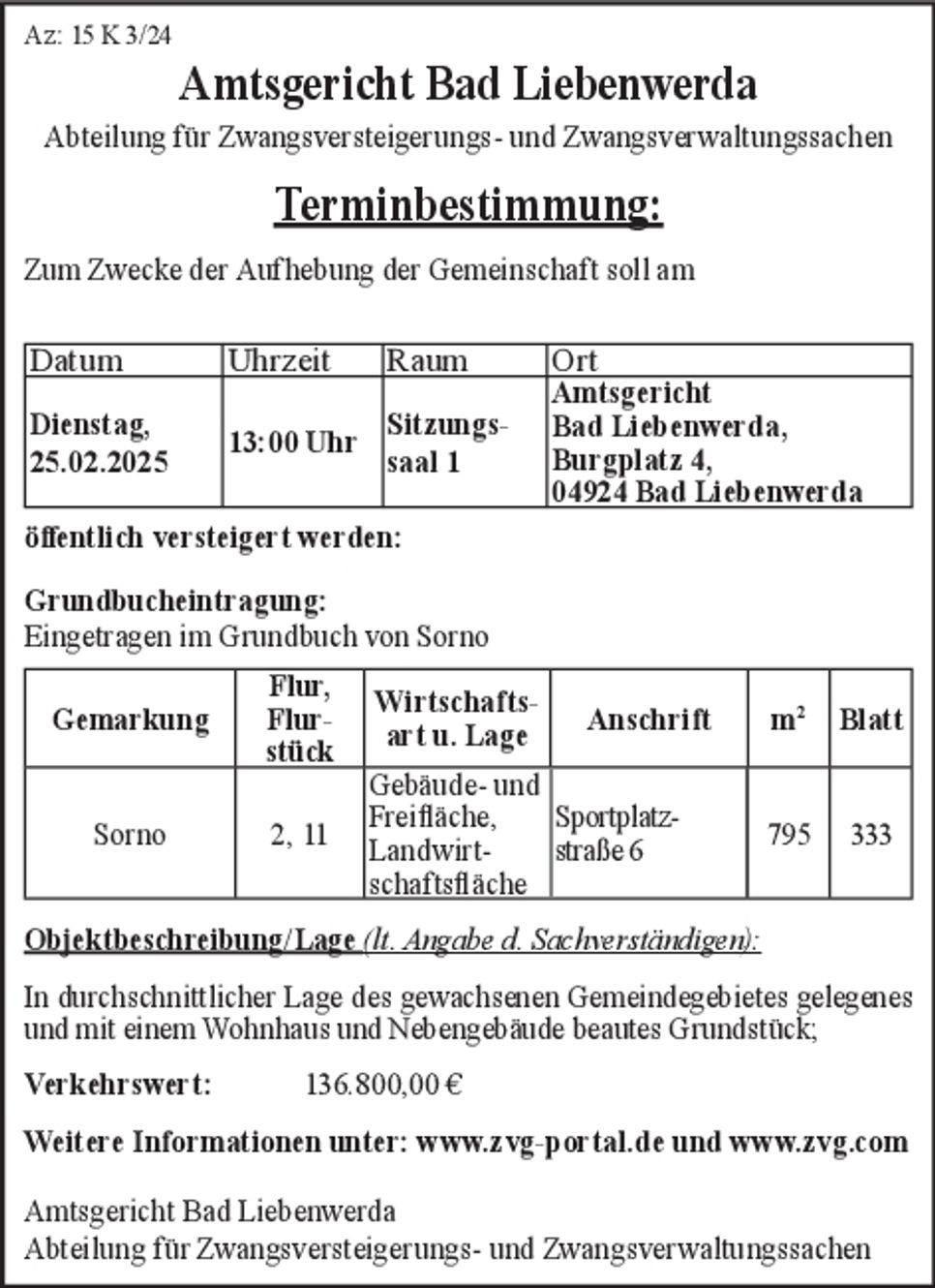 Zwangsversteigerung - Az: 15 K 3 / 24