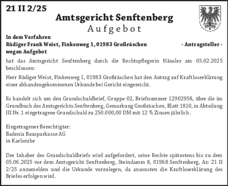 Aufgebot 21 II 2/25