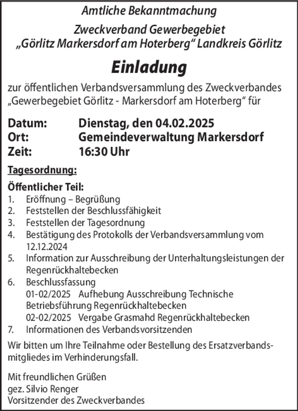 Bekanntmachung / Einladung Zweckverband