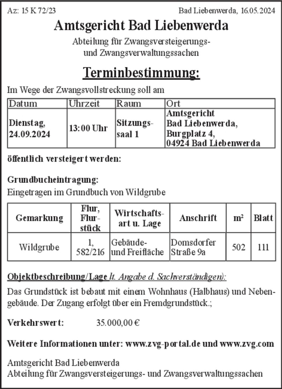 Zwangsversteigerung - Az: 15 K 72 / 23