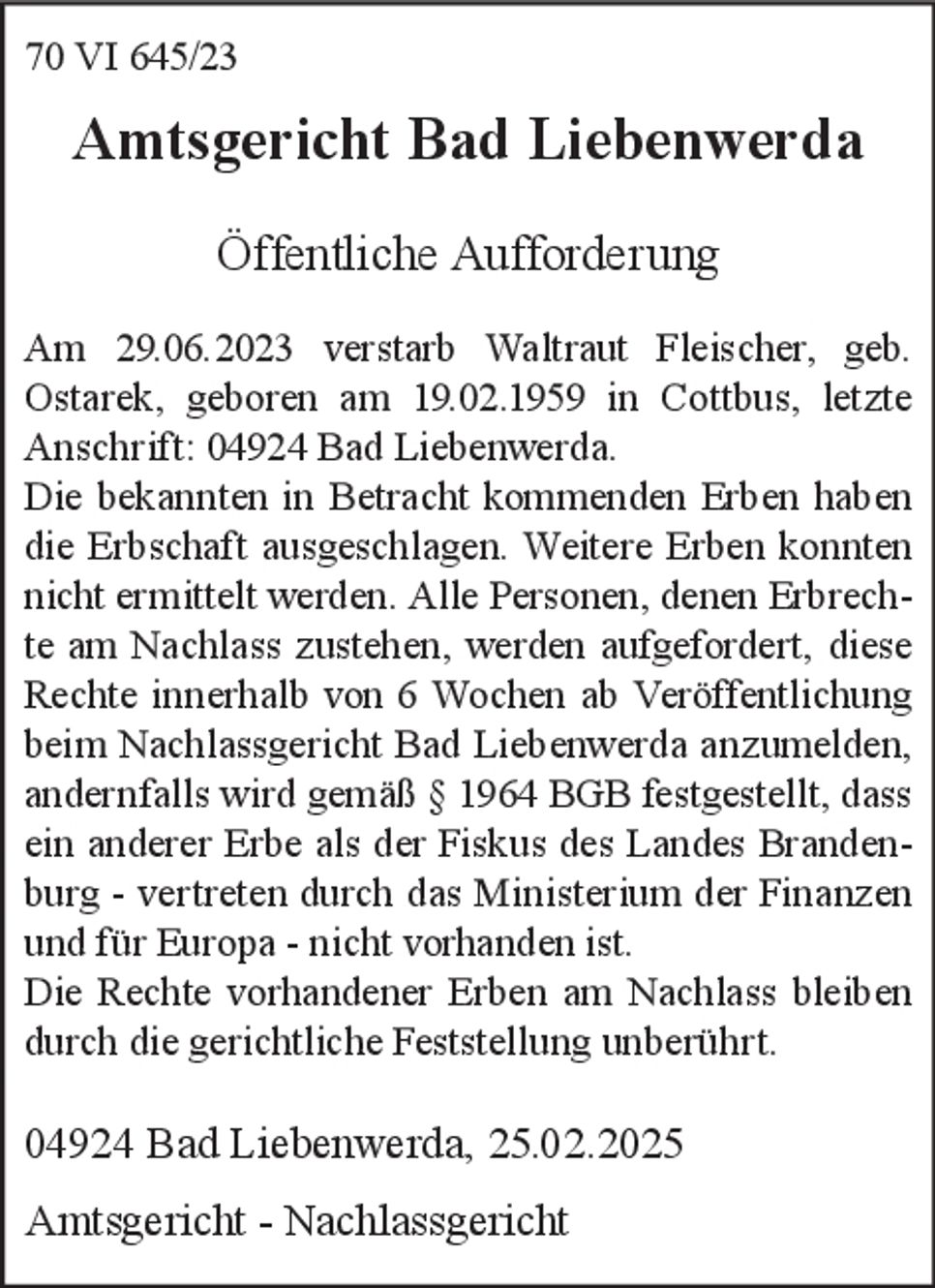 Öffentliche Aufforderung 70 VI 645/23