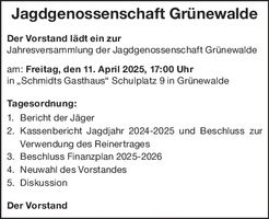 Einladung Jagdgenossenschaft Grünewalde