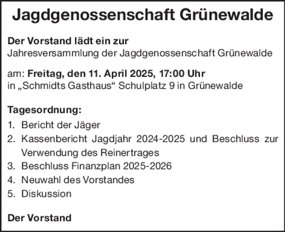 Einladung Jagdgenossenschaft Grünewalde