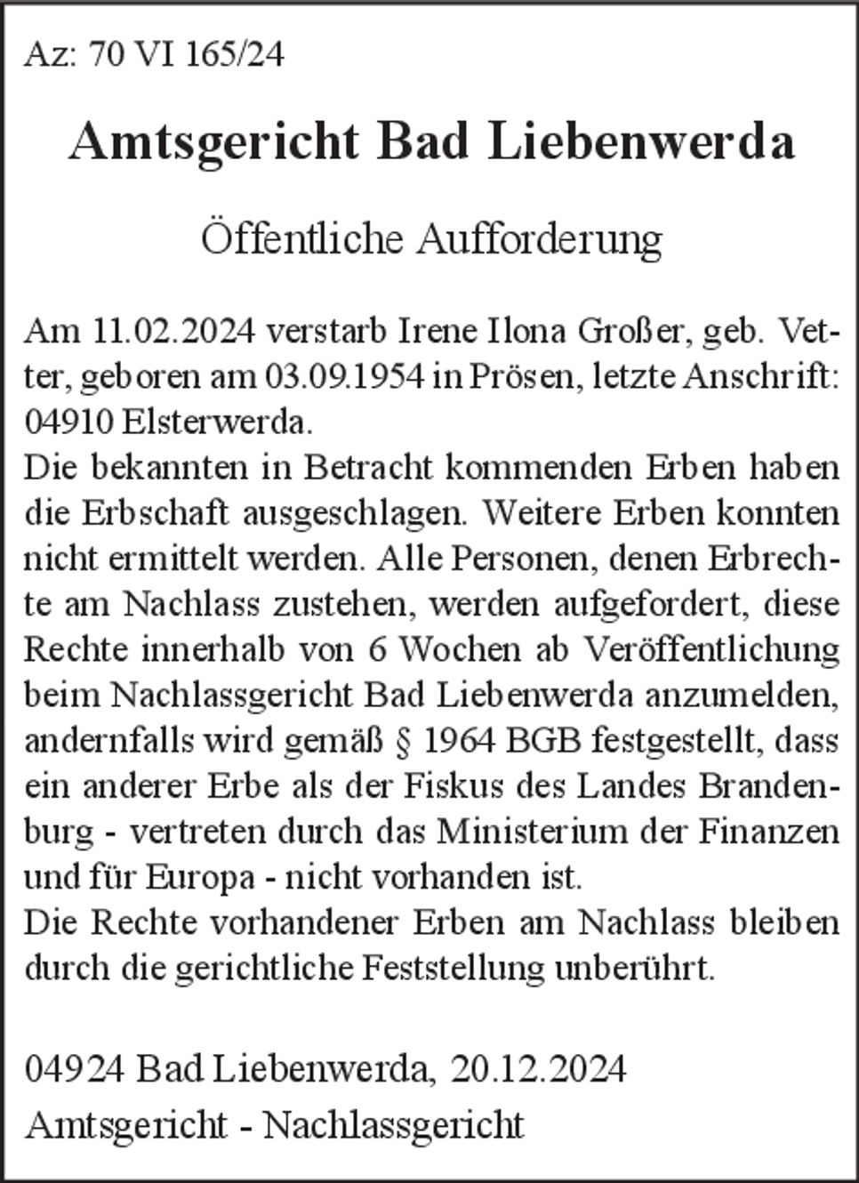 Öffentliche Aufforderung 70 VI 165/ 24