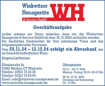 Winkwitzer Hausg. Geschäftsaufgabe