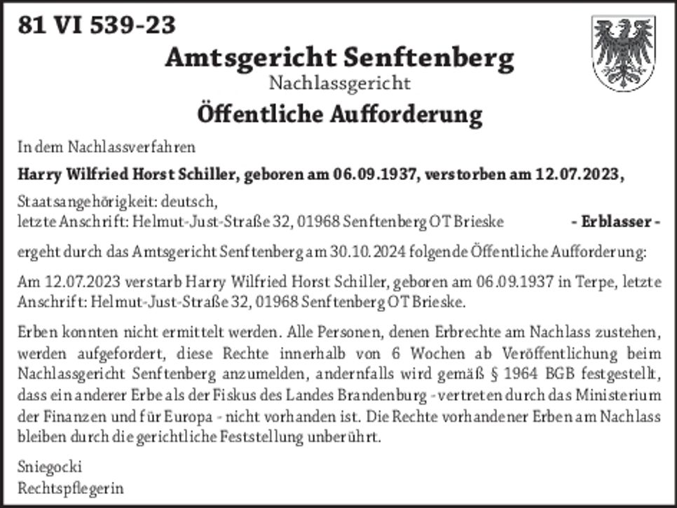 Öffentliche Aufforderung AZ 81 VI 539-23