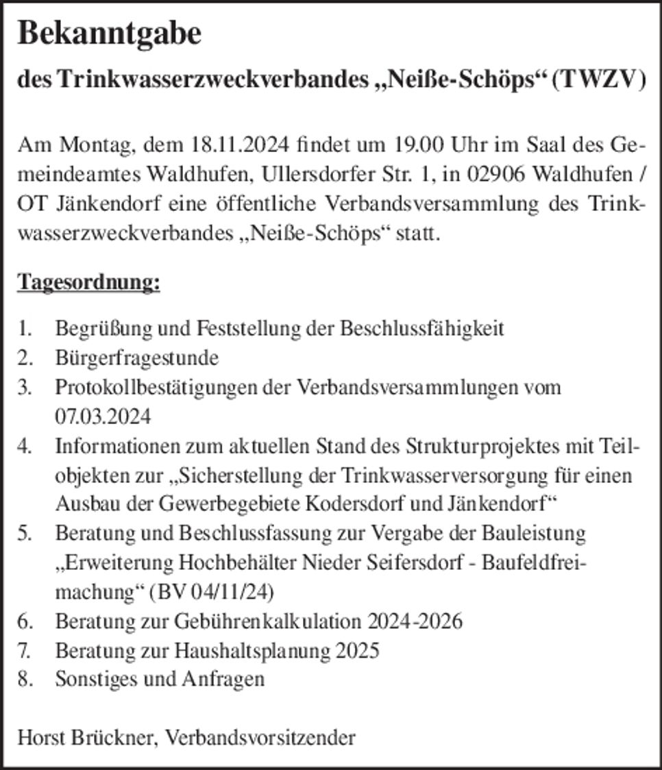 Bekanntgabe Trinkwasserverband/Einlad.